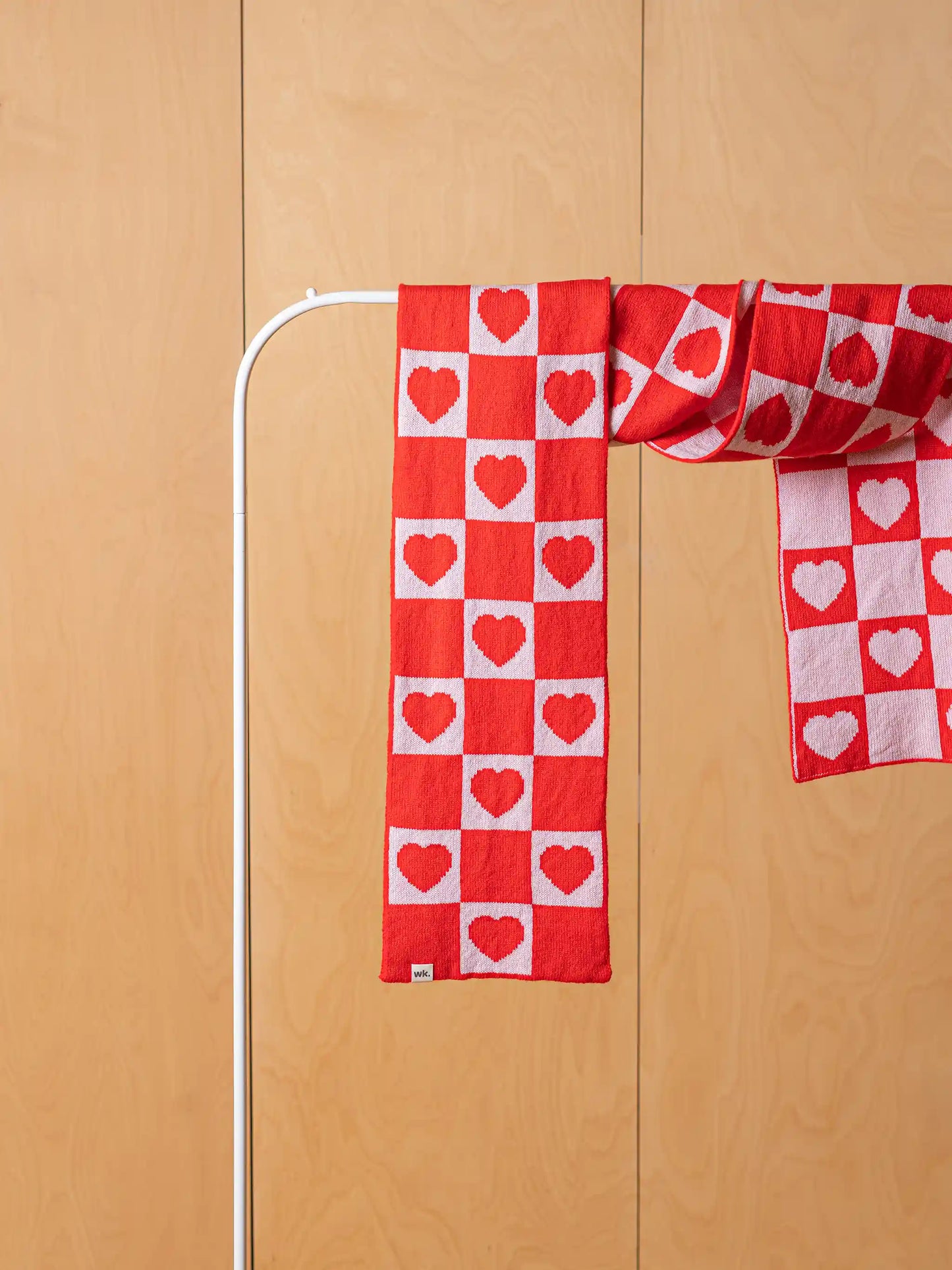merino wool love heart scarf in red and white on rail - Woolkind