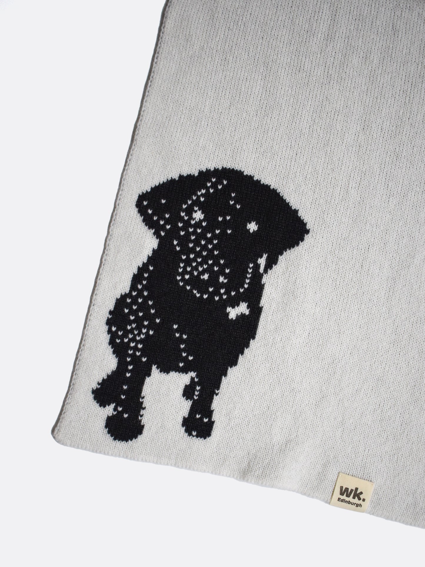 custom reversible knitted merino wool scarf with black labrador and personilsed monogram initials in black and white - woolkind