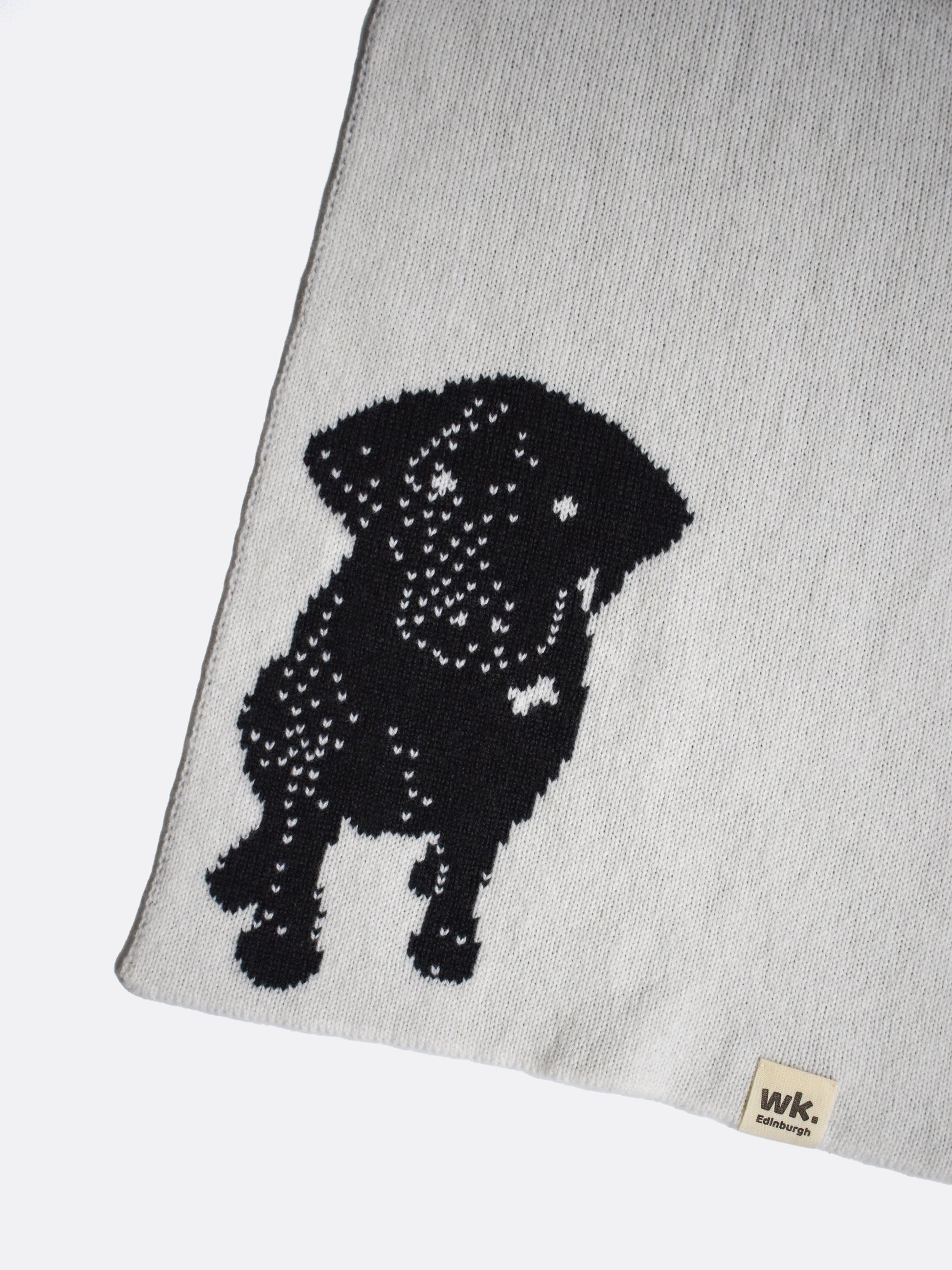 custom reversible knitted merino wool scarf with black labrador and personilsed monogram initials in black and white - woolkind