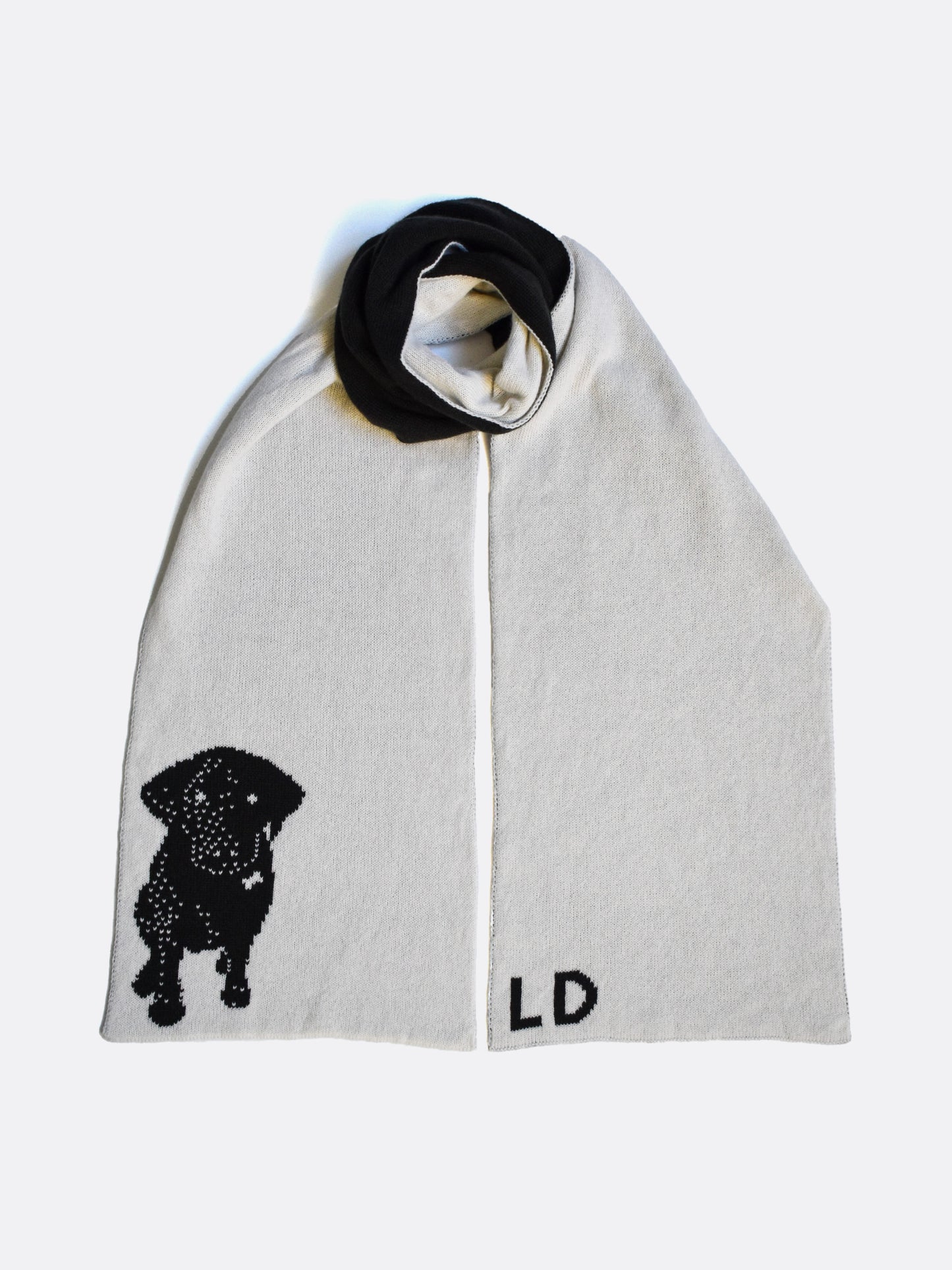 custom reversible knitted merino wool scarf with black labrador and personilsed monogram initials in black and white - woolkind