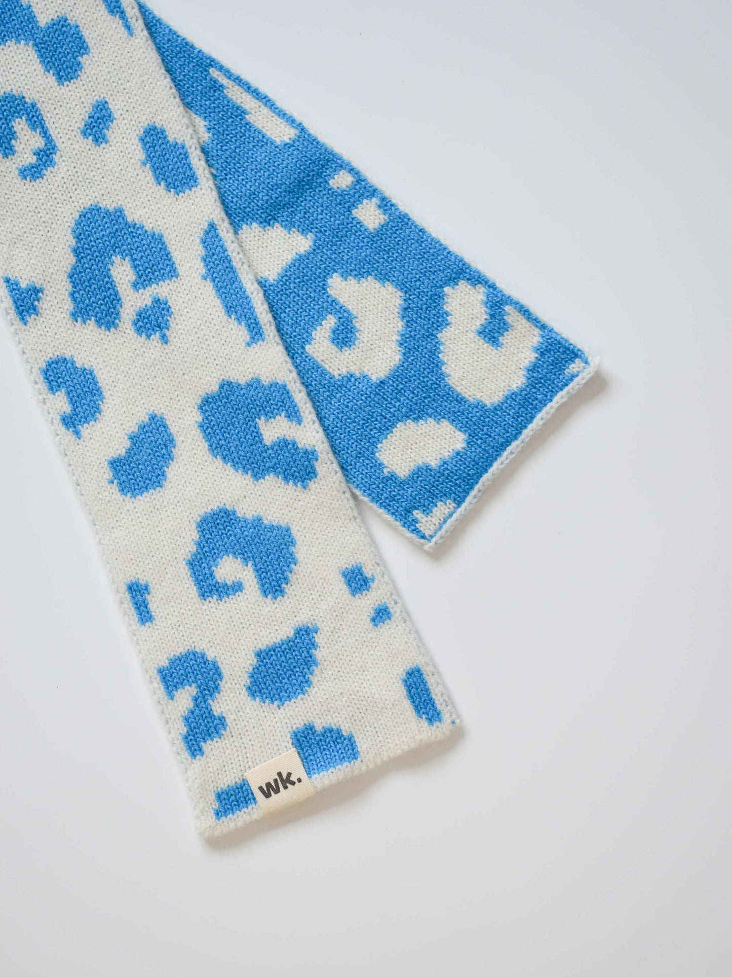 blue and cream skinny merino wool leopard print scarf - Woolkind