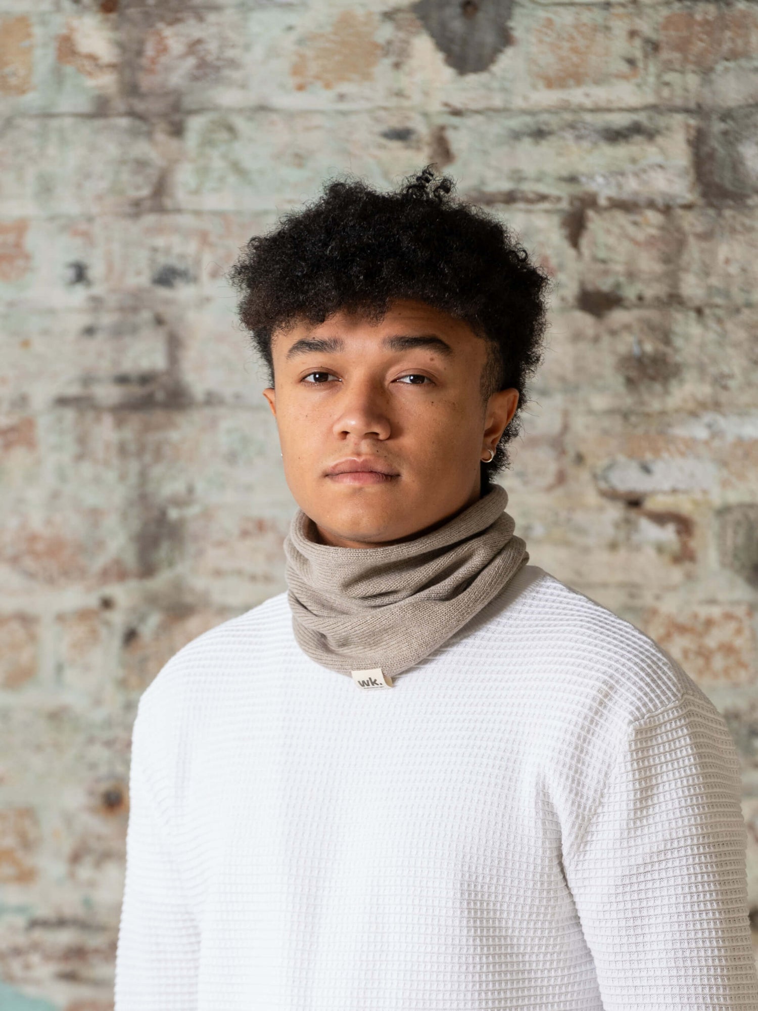 man wearing brown merino wool snood - woolkind