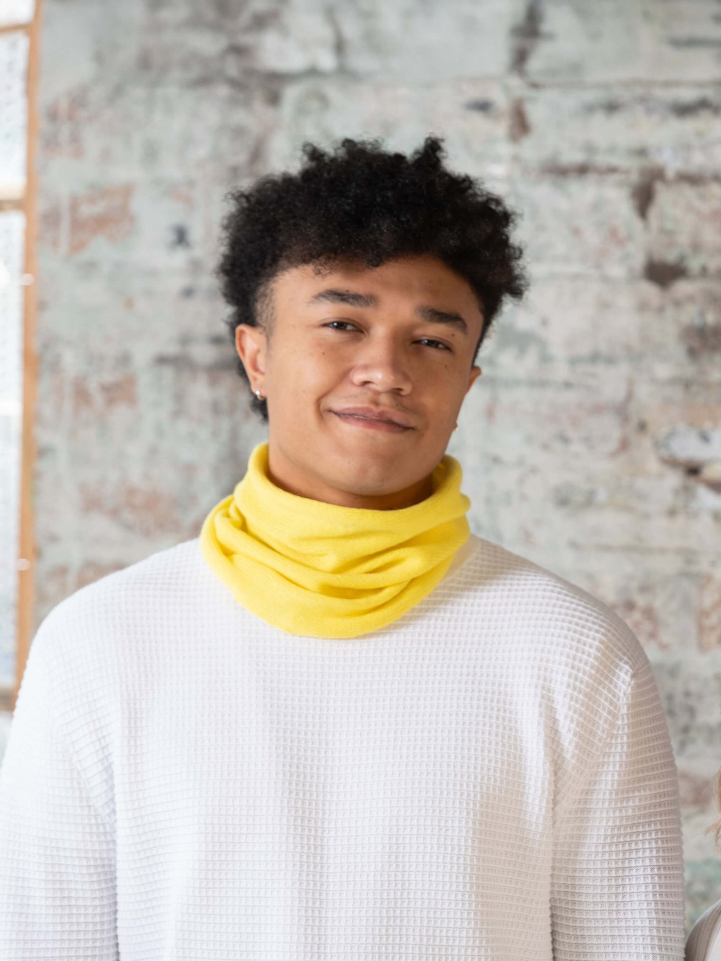 man wearing yellow merino wool snood - woolkind