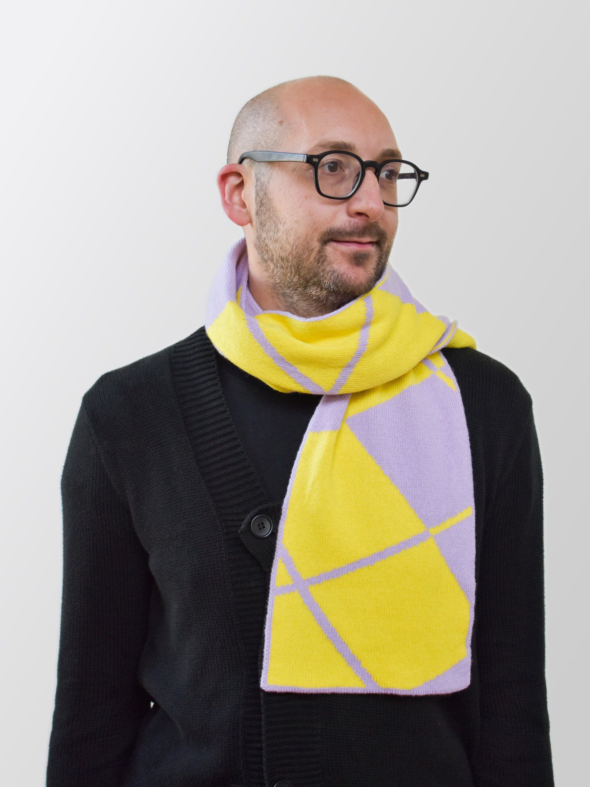 man wearing yellow and lilac knitted argyle merino wool scarf - Woolkind