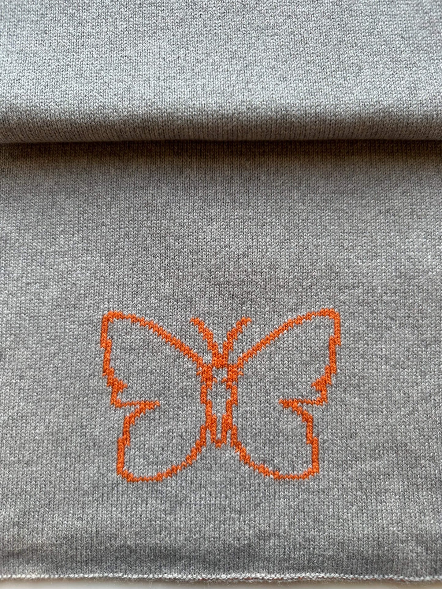 custom merino wool scarf with butterfly design in orange and light grey