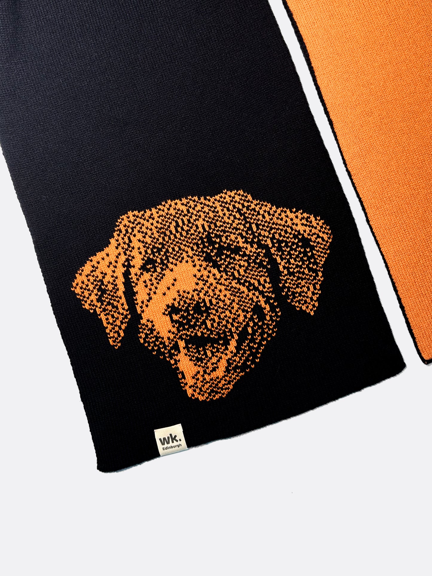 reversible merino wool springer spaniel dog scarf in orange and navy close up - Woolkind