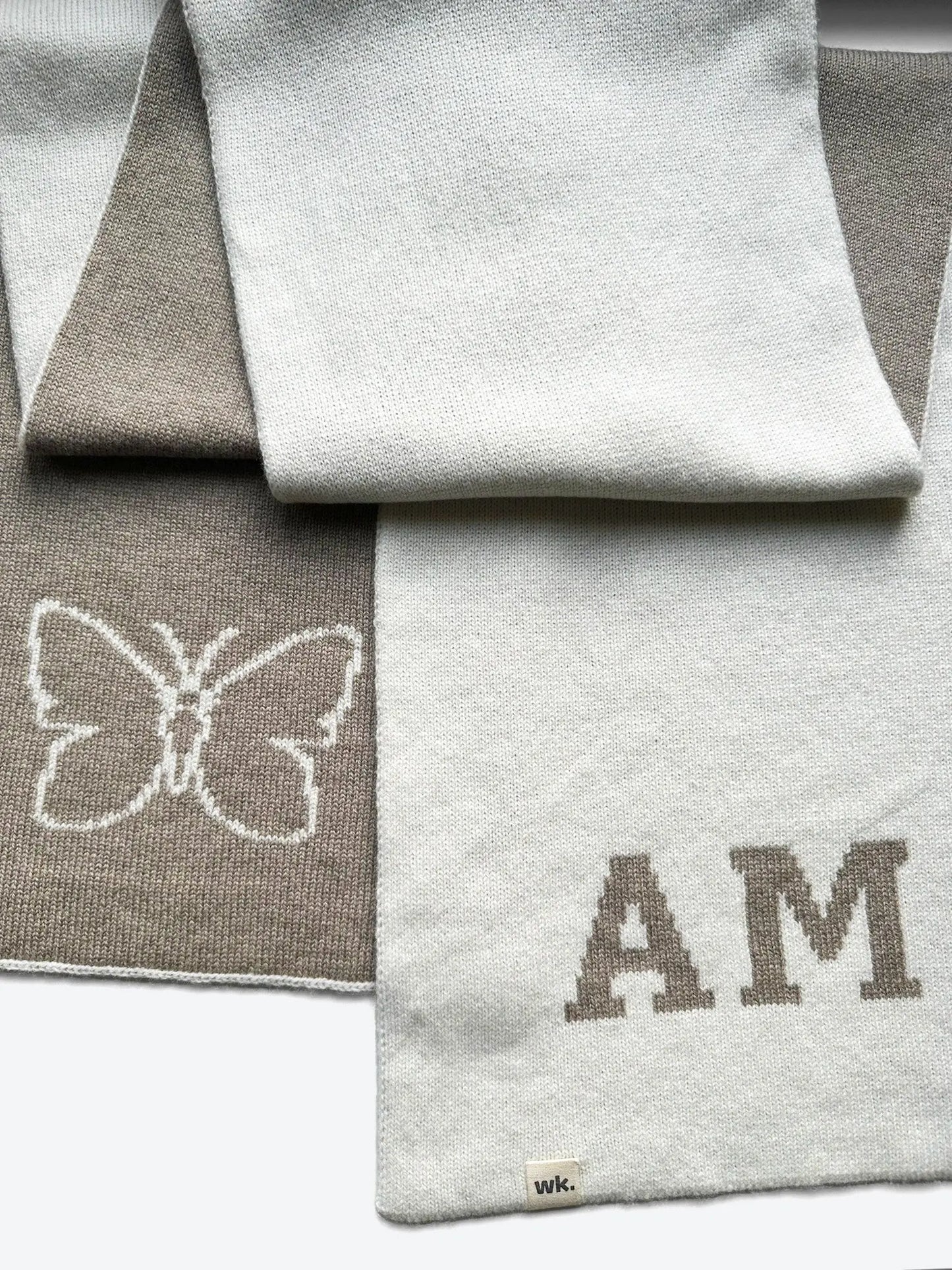 custom merino wool scarf with monogram and butterfly design in cream and medium brown
