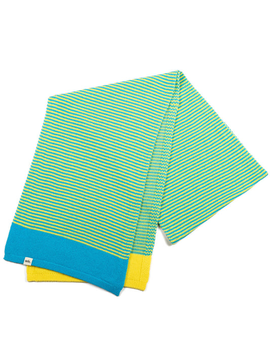 merino wool stripe scarf in yellow and blue flat lay - Woolkind