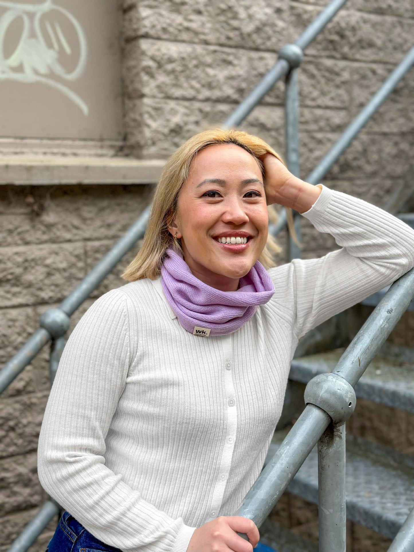 woman wearing lilac merino wool snood - woolkind
