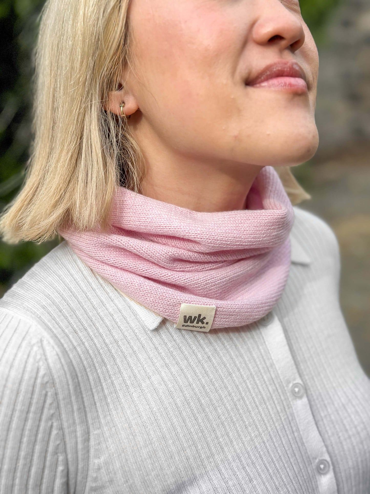 woman wearing pink merino wool snood - woolkind