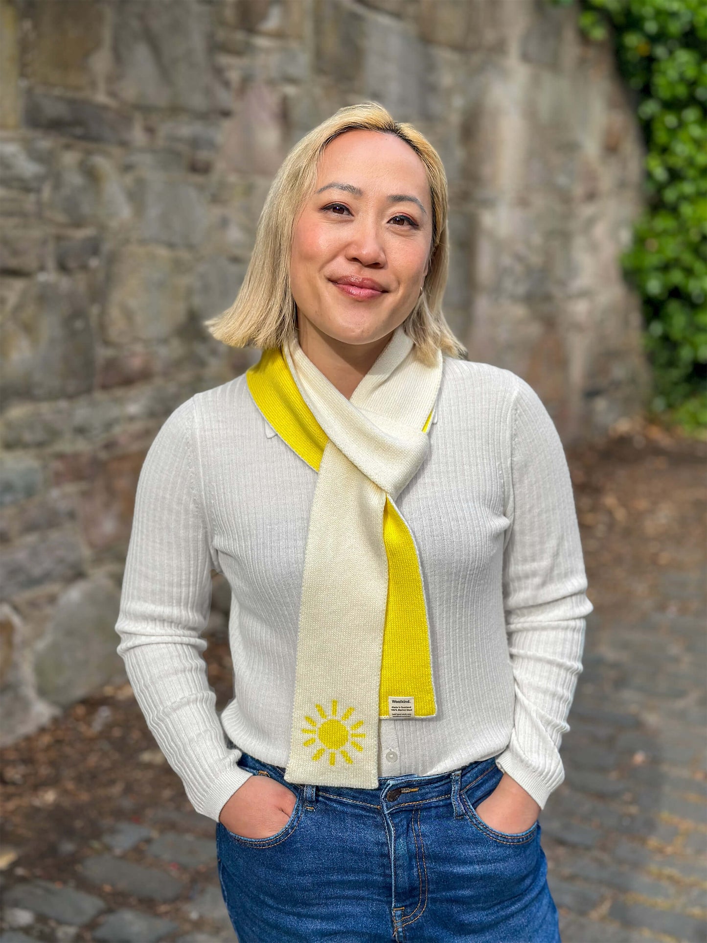 woman wearing thin merino wool yellow sun scarf - Woolkind