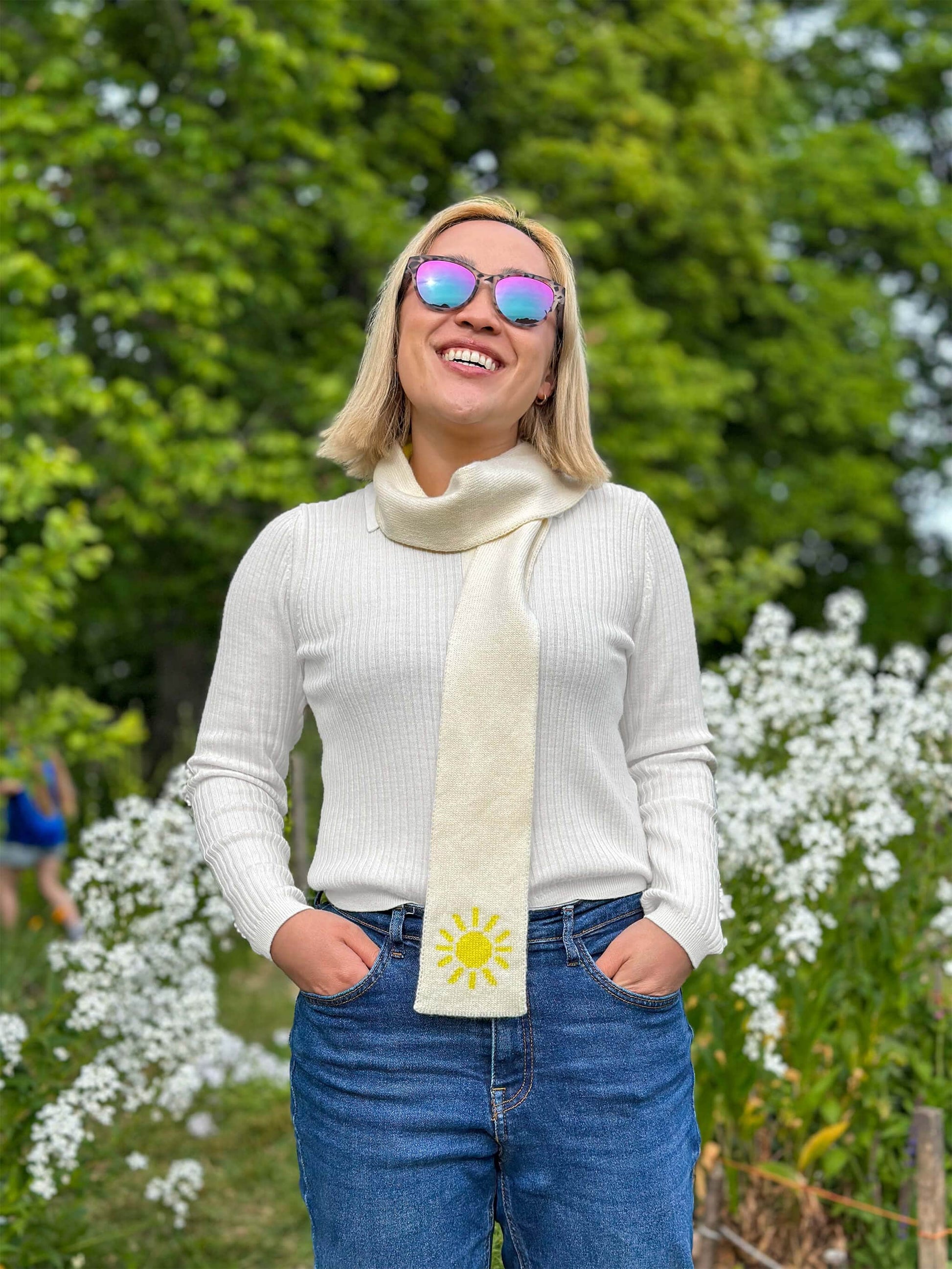 woman wearing thin merino wool yellow sun scarf - Woolkind