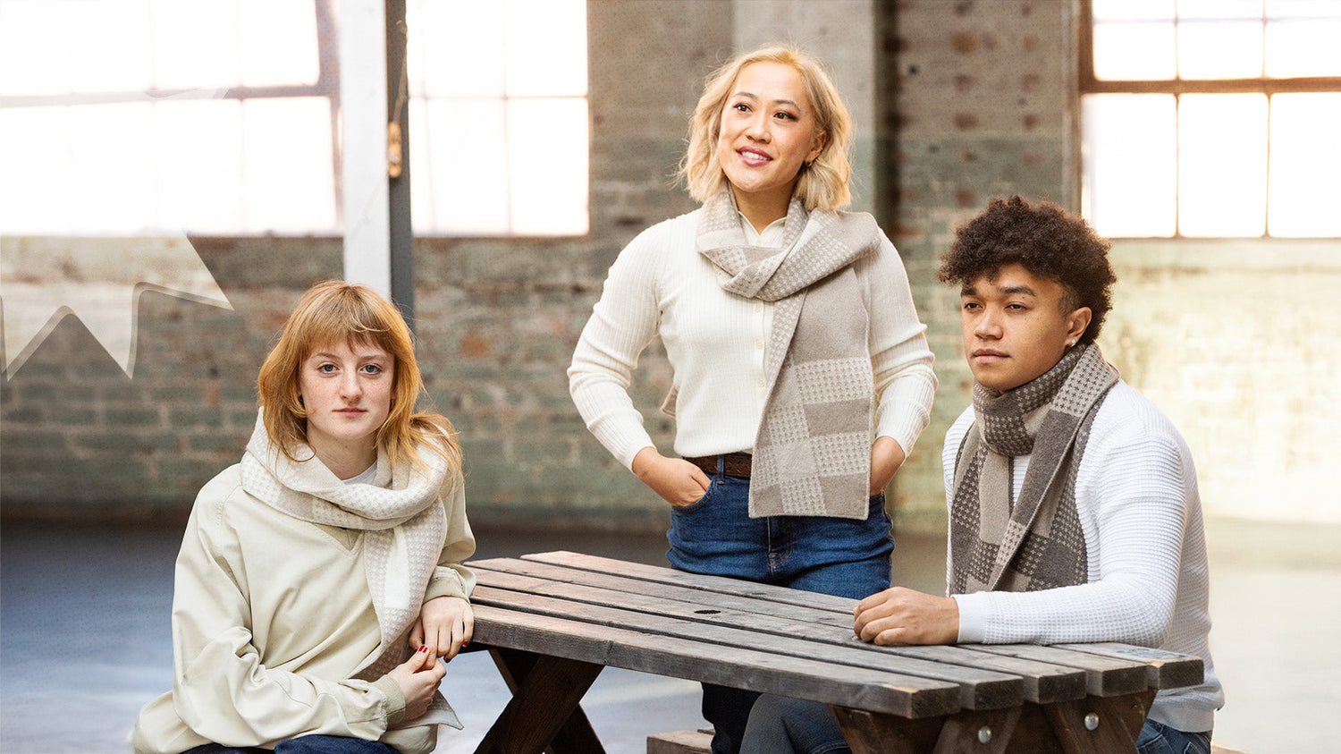 three people wearing tartan merino wool scarves - woolkind 