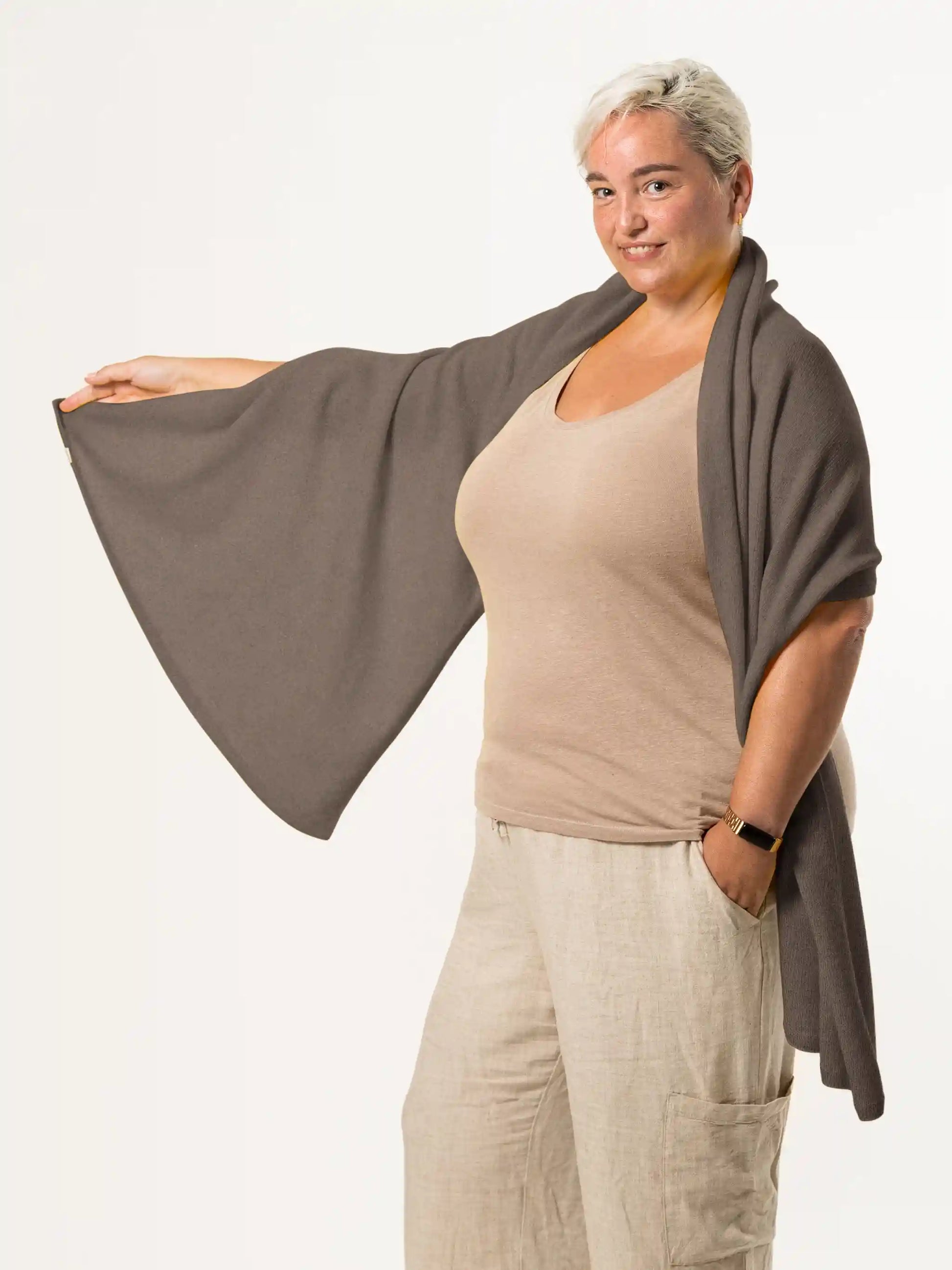 woman wearing dark brown merino wool wrap - woolkind