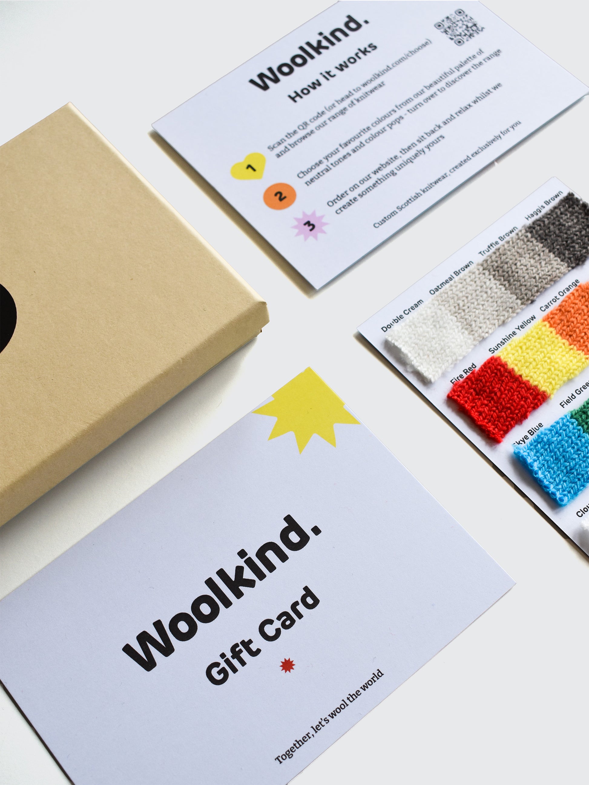 Woolkind physical gift box swatch card - unique knitwear gift