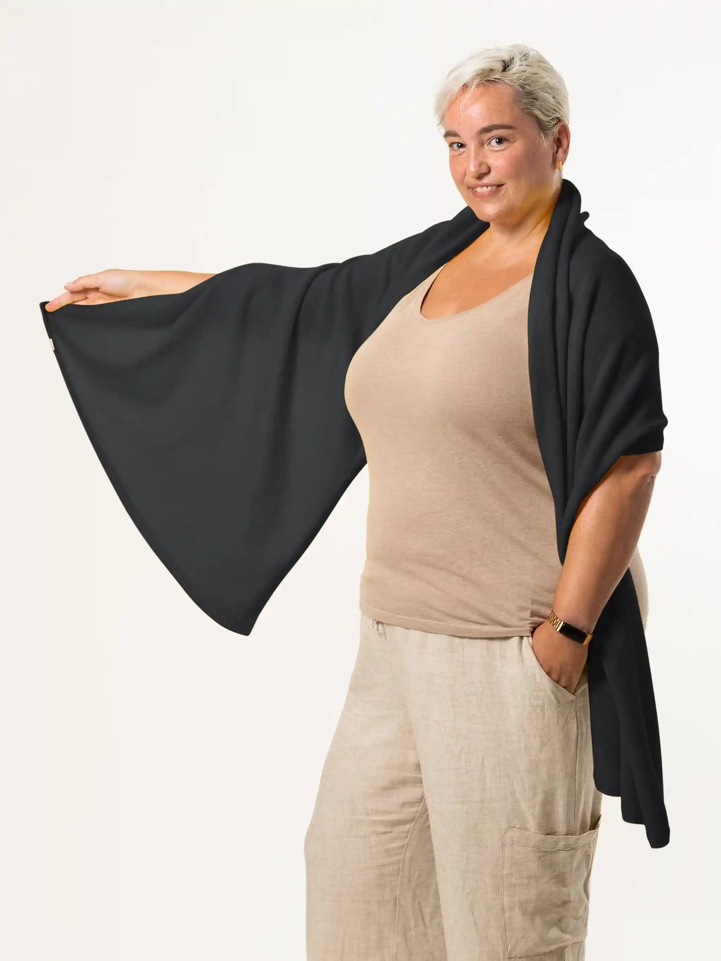 woman wearing black merino wool wrap - woolkind