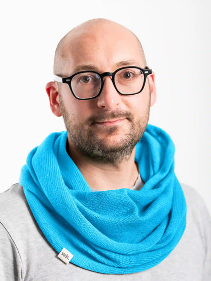 man wearing blue merino wool infinity scarf - Woolkind
