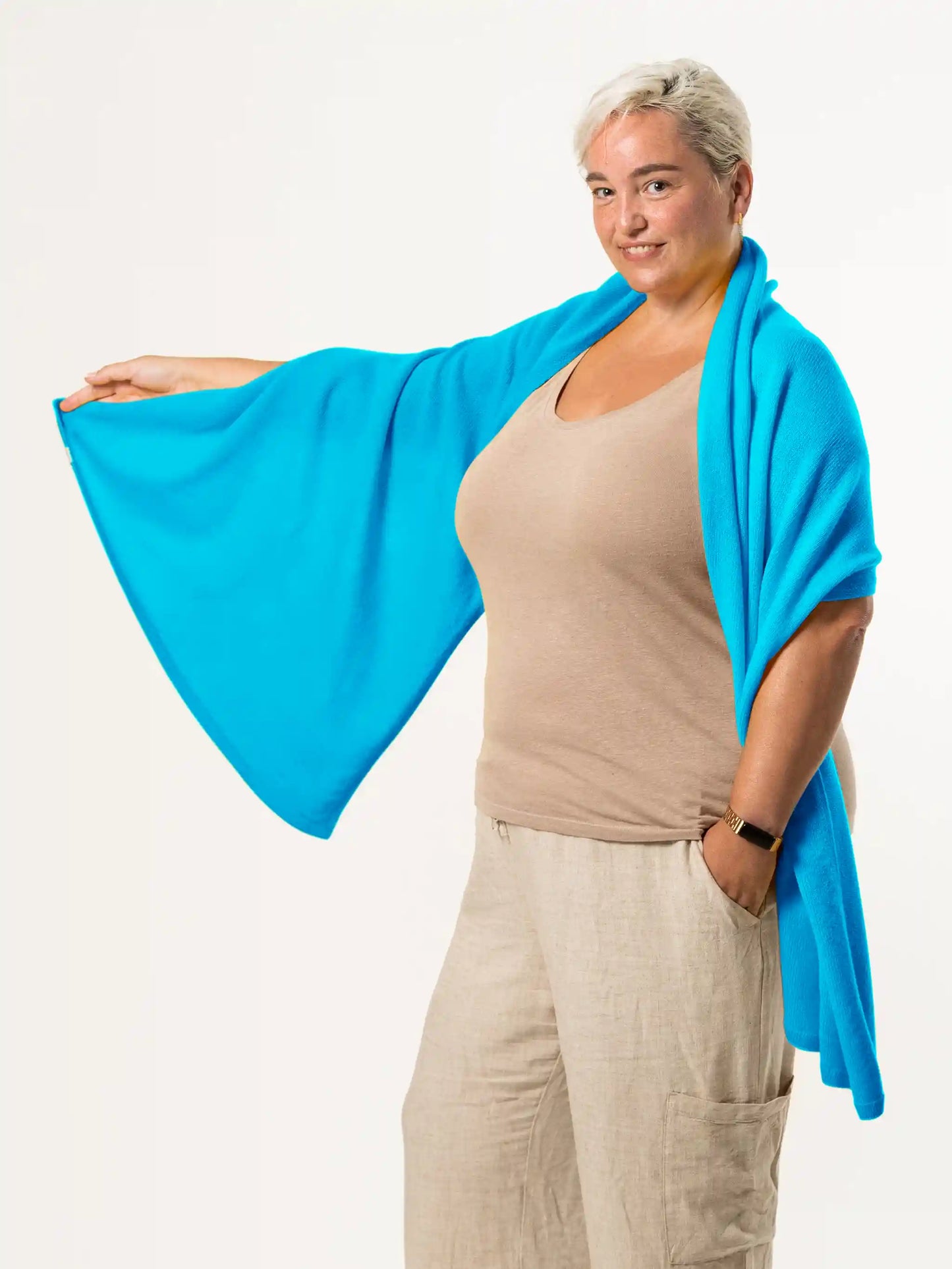 woman wearing blue merino wool wrap - woolkind