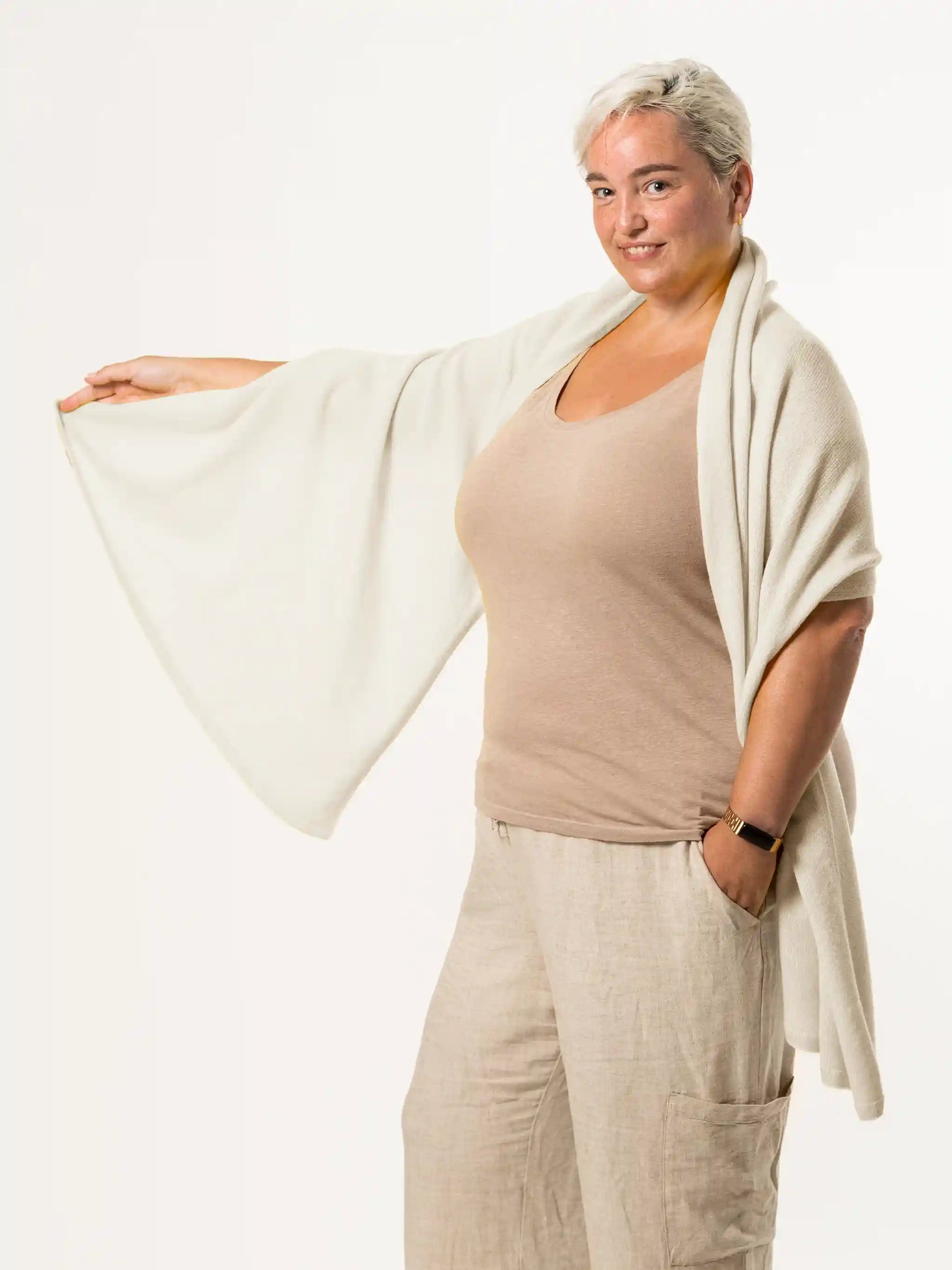 woman wearing cream merino wool wrap - woolkind
