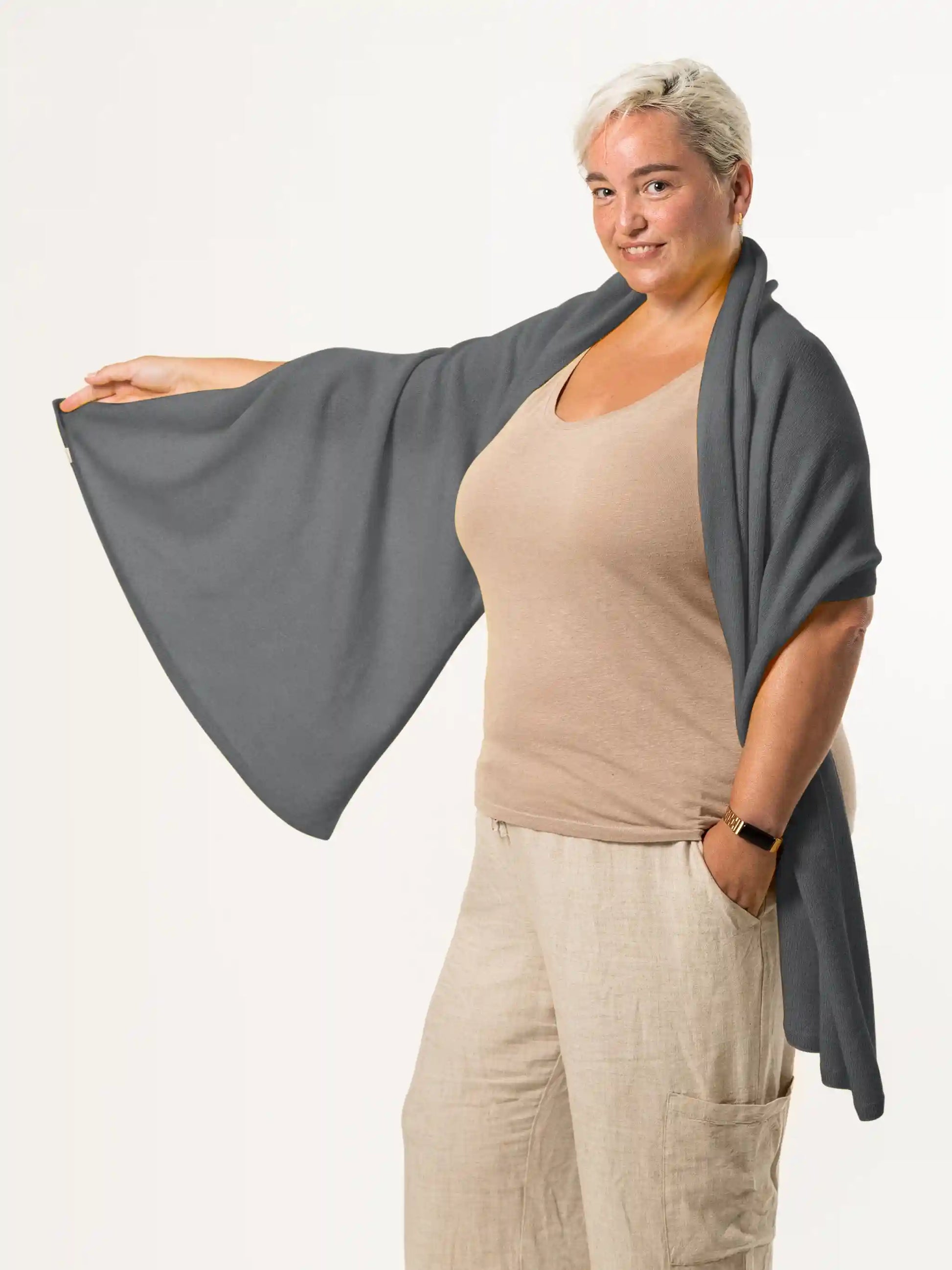 woman wearing dark grey merino wool wrap - woolkind