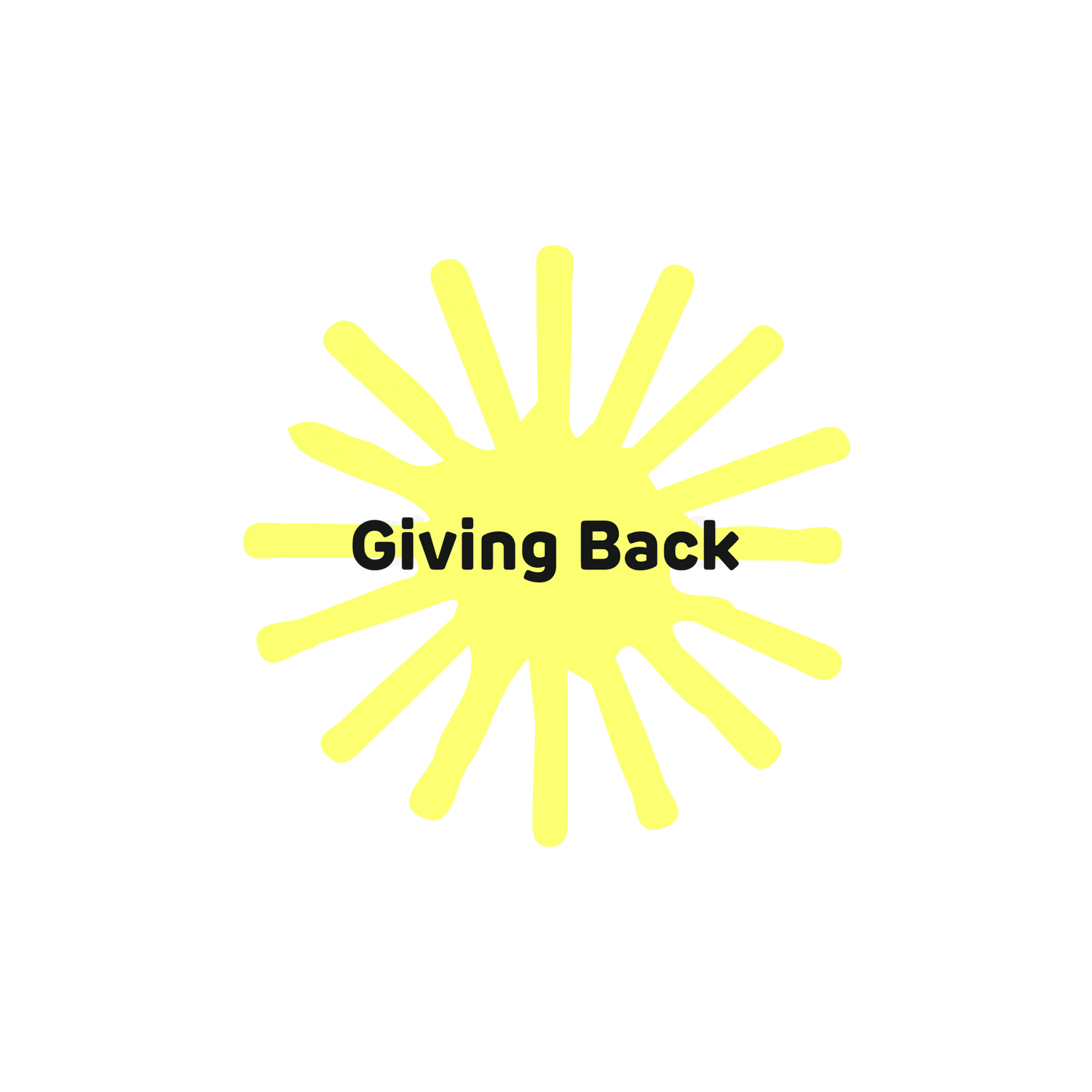 yellow asterisk with the words "giving back" written in the middle in black text