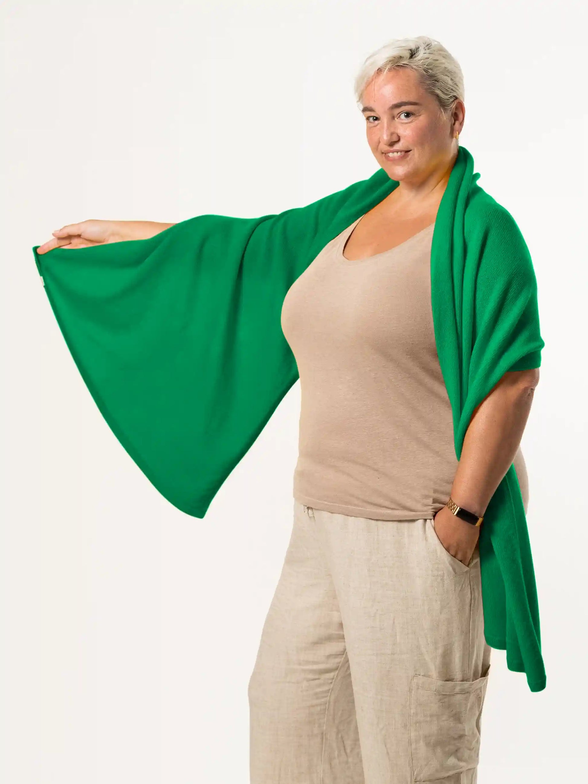 woman wearing green merino wool wrap - woolkind
