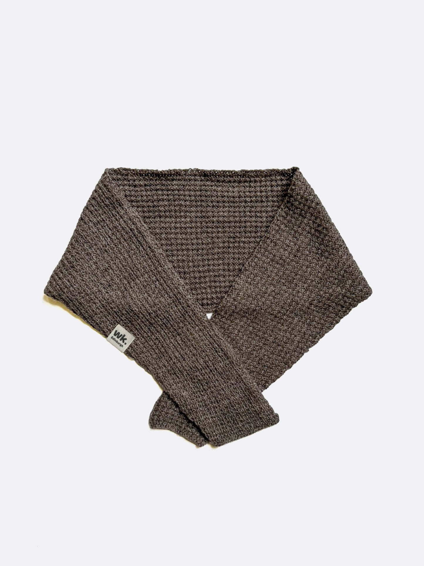 dark brown textured knitted merino wool Neckerchief scarf on a white background - woolkind
