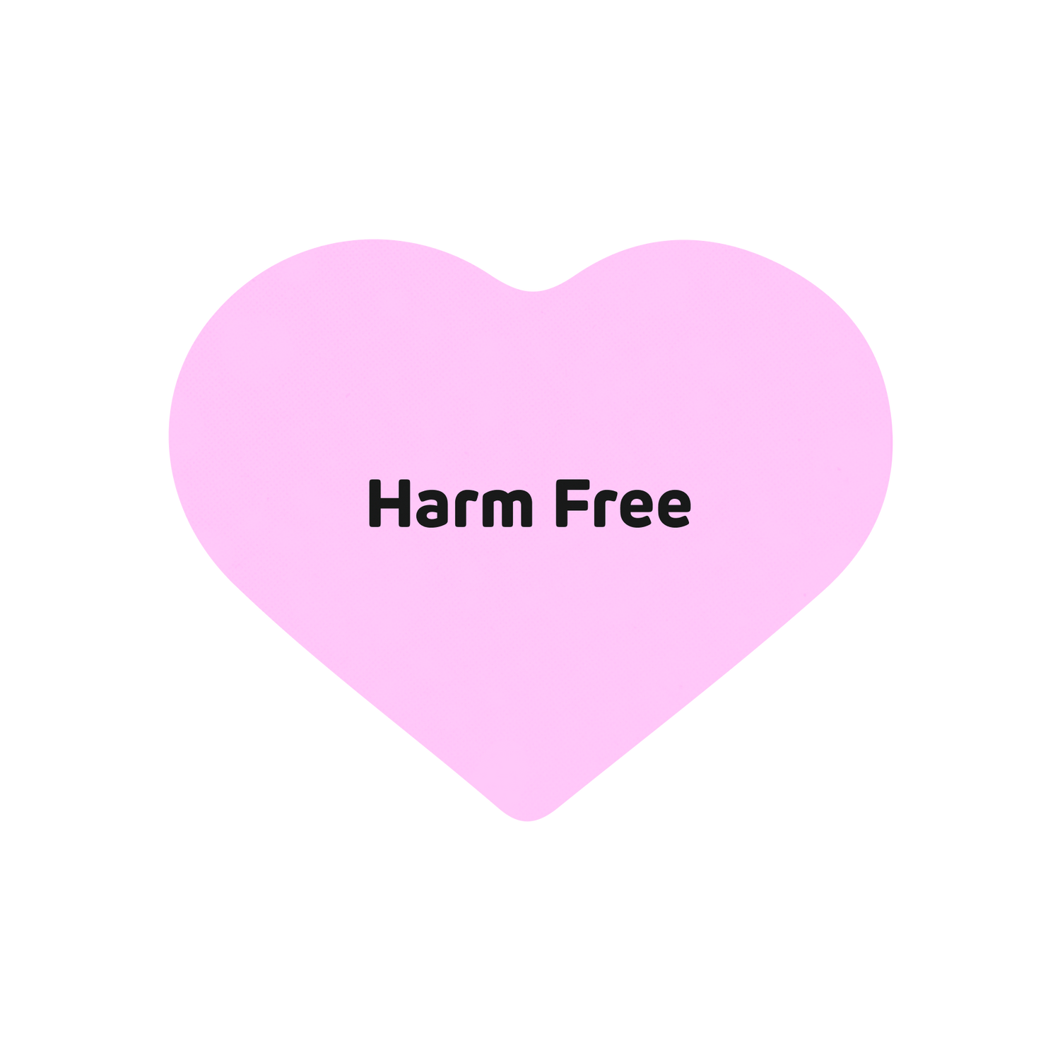 pink heart with the words "harm free" written in the middle in black text