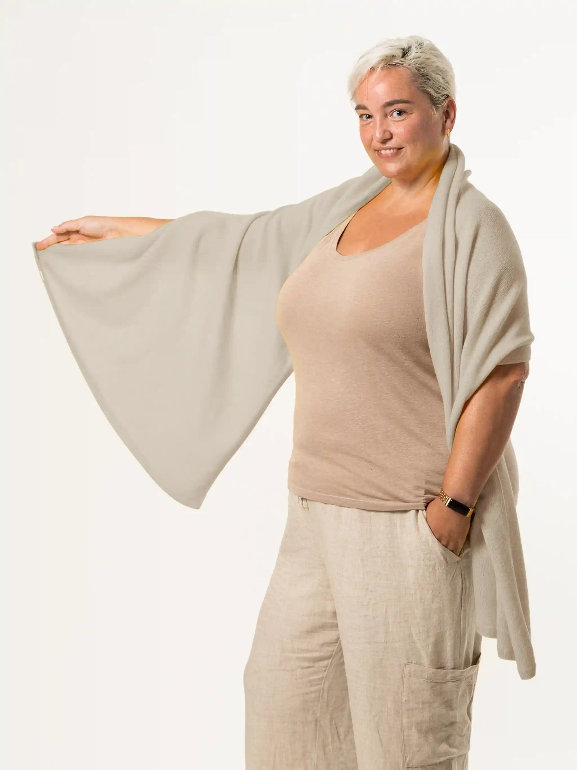woman wearing light brown merino wool wrap - woolkind