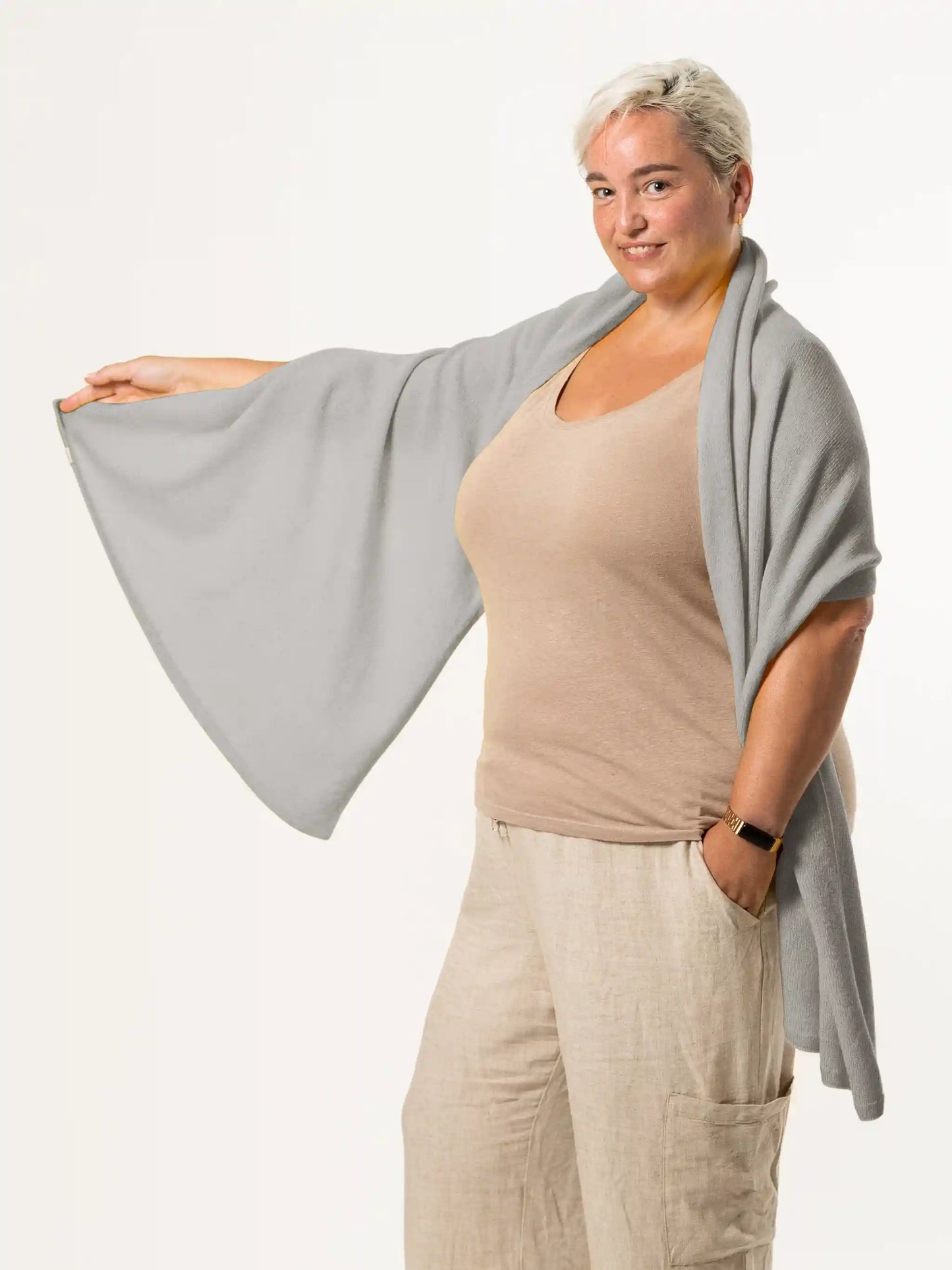 woman wearing light grey merino wool wrap - woolkind
