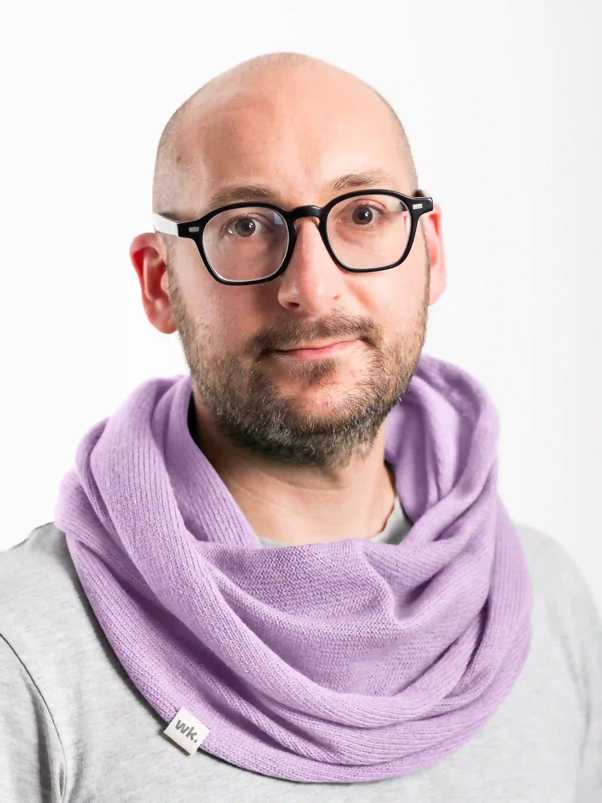 man wearing lilac merino wool infinity scarf - Woolkind