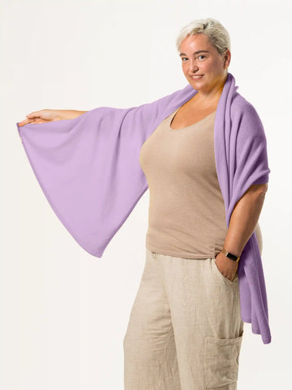 woman wearing lilac merino wool wrap - woolkind