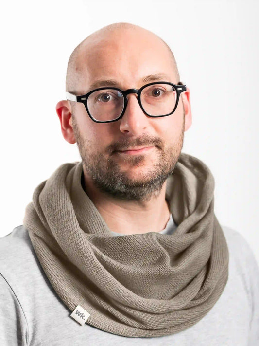 man wearing medium brown merino wool infinity scarf - Woolkind