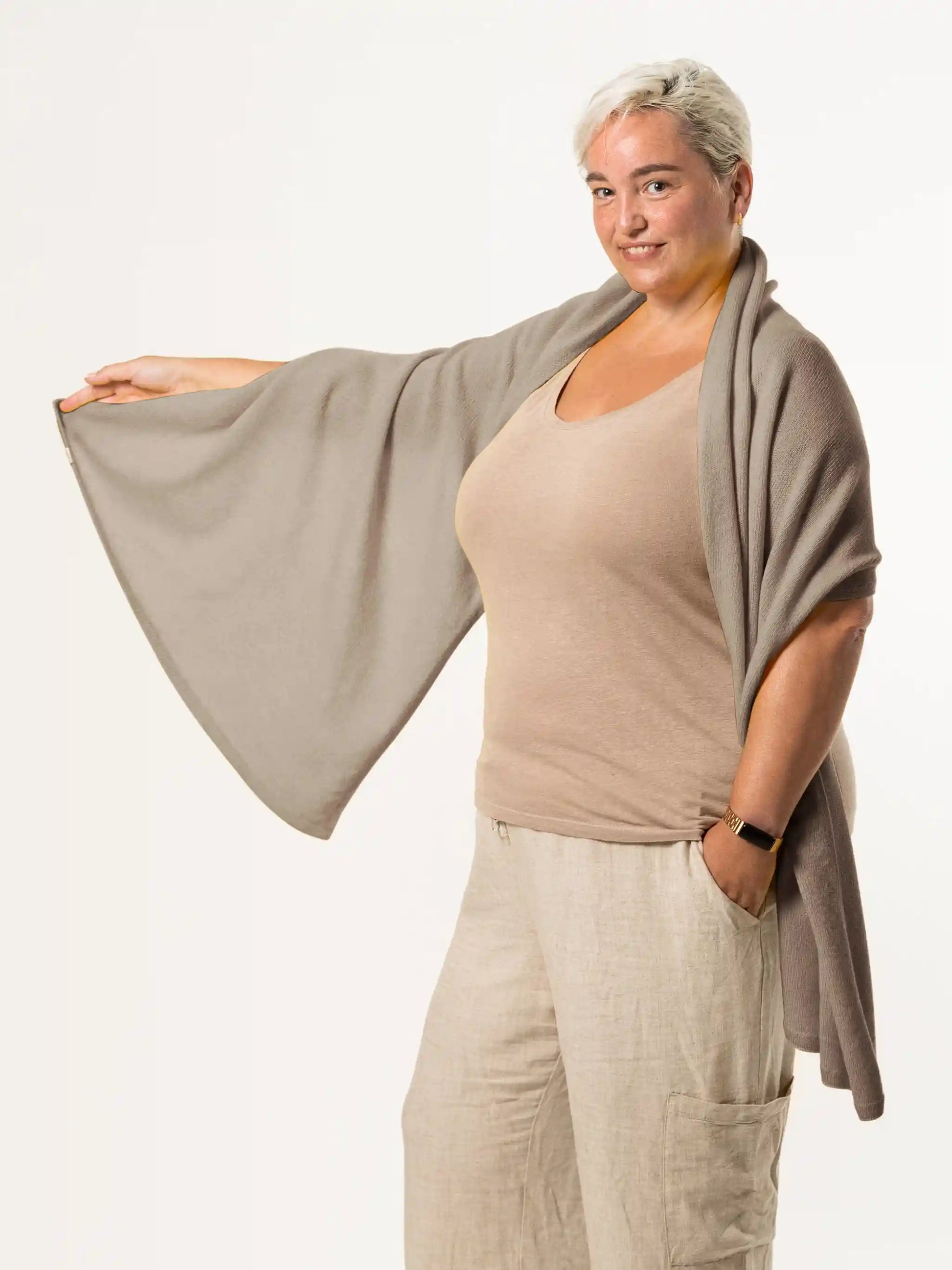 woman wearing medium brown merino wool wrap - woolkind