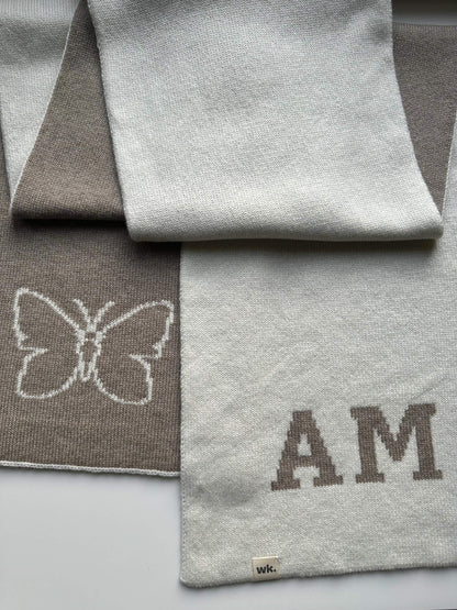 custom merino wool scarf with monogram and butterfly design in cream and medium brown