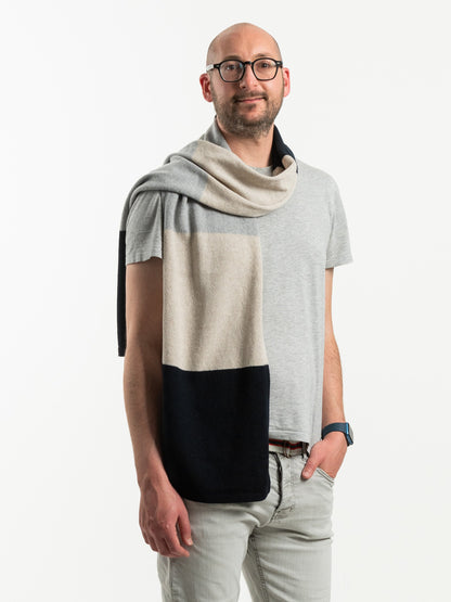 white man wearing a navy and grey  merino wool scarf - Woolkind