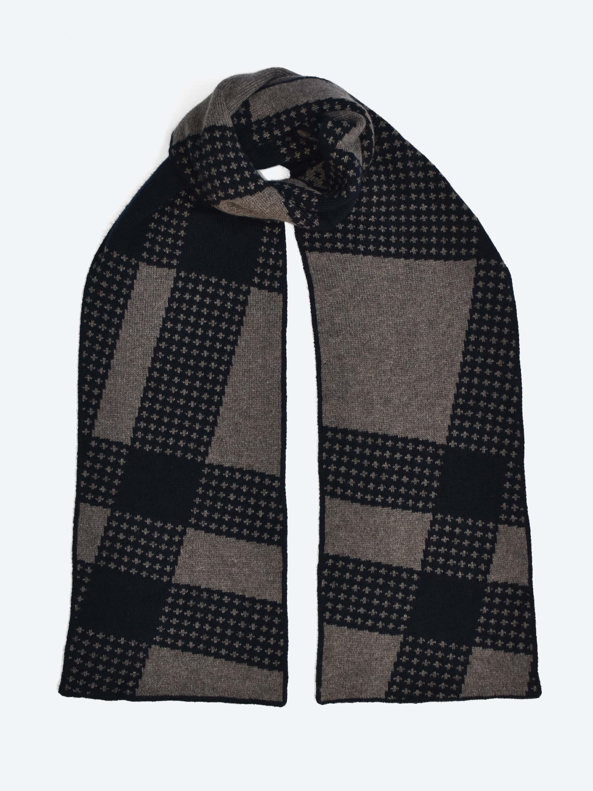 Plaid tartan merino wool scarf with black and grey pattern on a white background