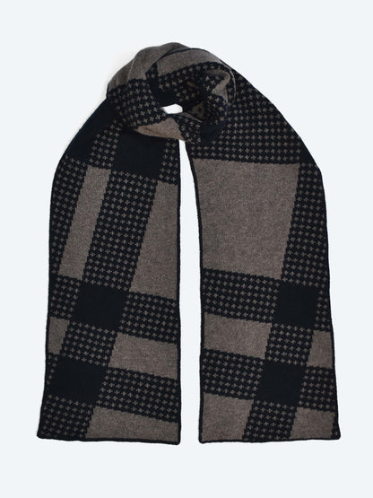Plaid tartan merino wool scarf with black and grey pattern on a white background