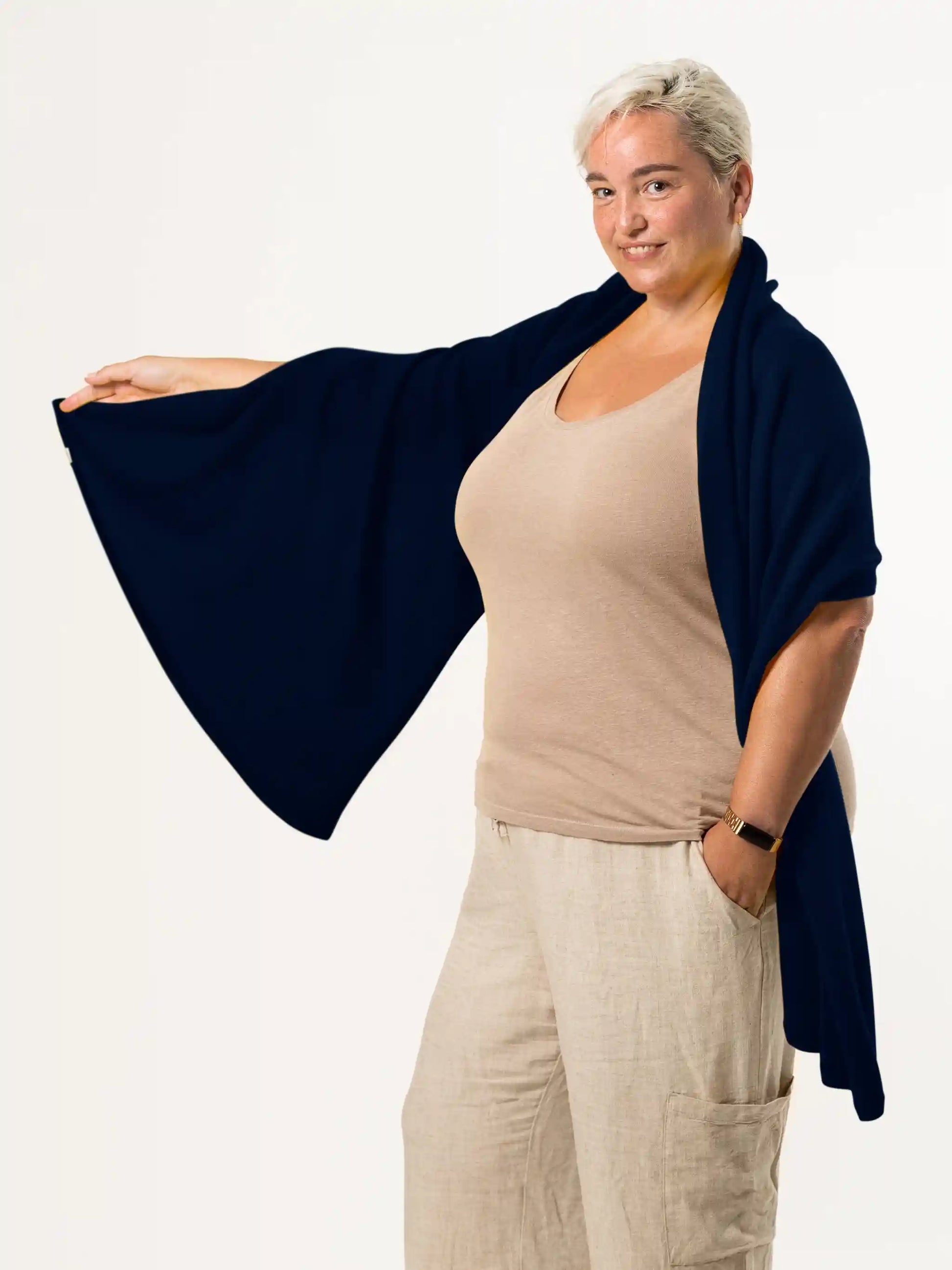 woman wearing navy merino wool wrap - woolkind