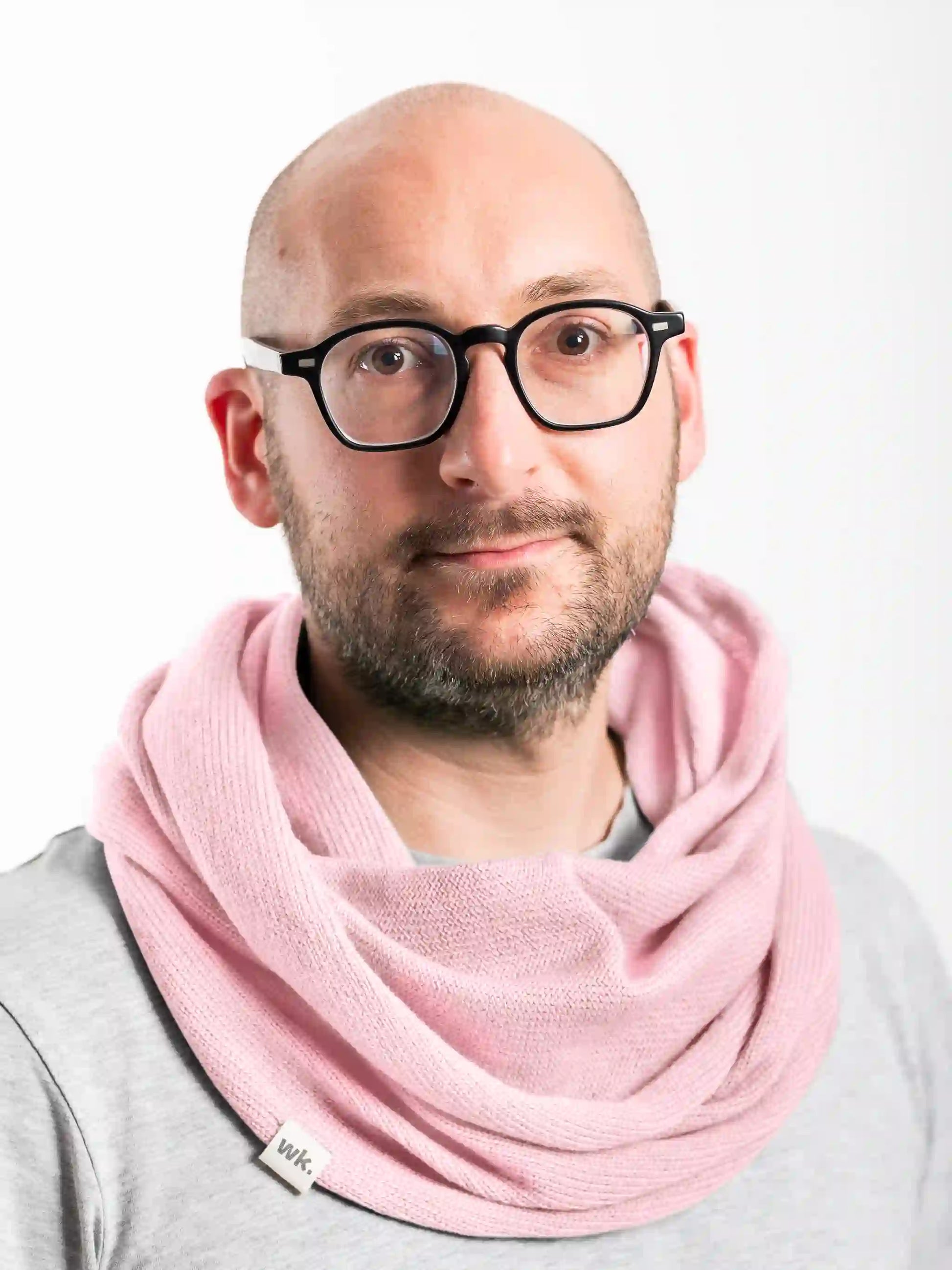 man wearing pink merino wool infinity scarf - Woolkind