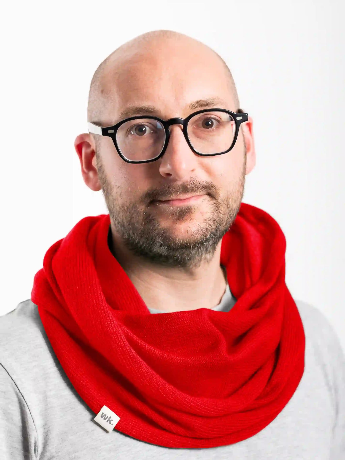 man wearing red merino wool infinity scarf - Woolkind