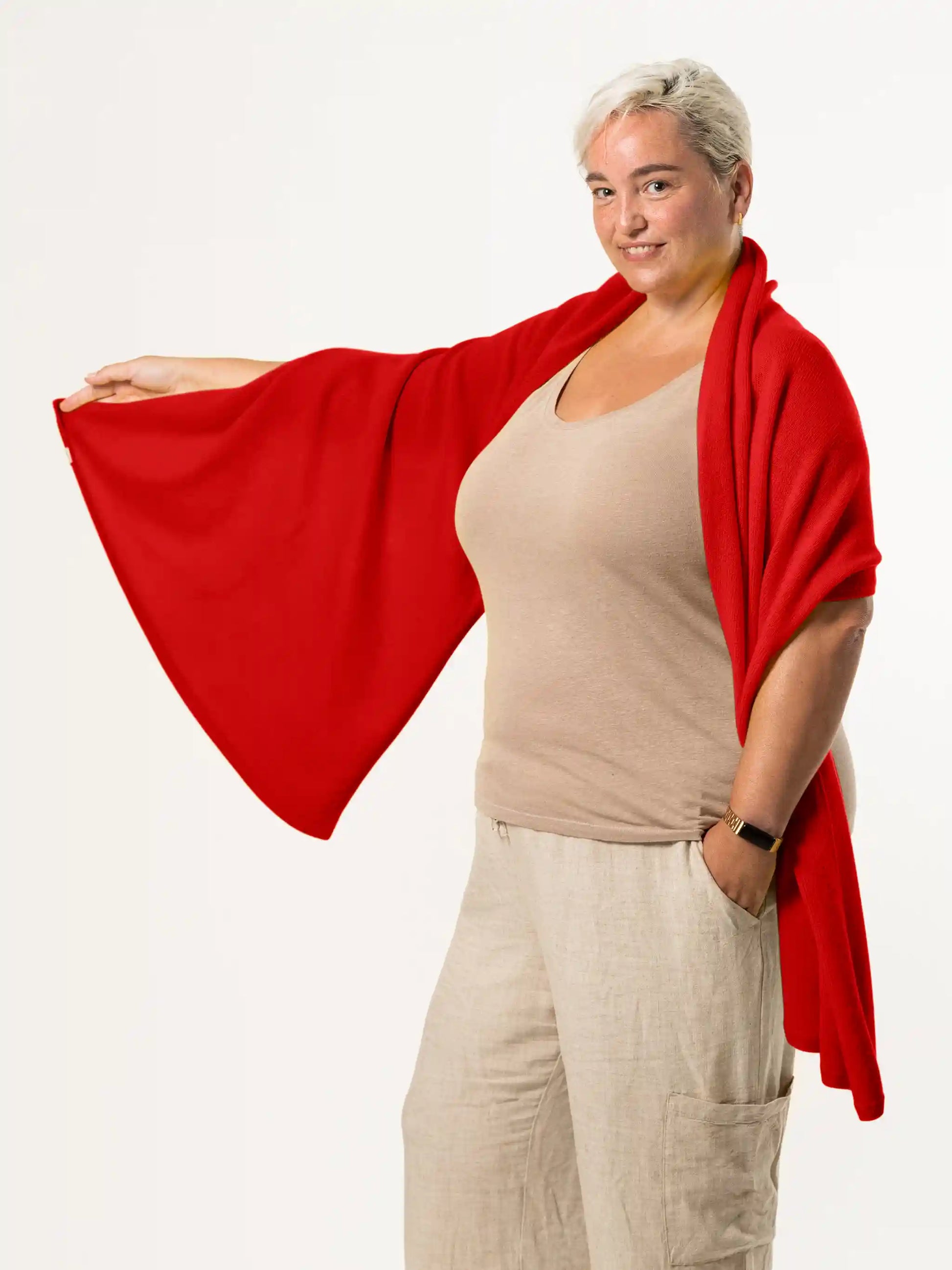 woman wearing red merino wool wrap - woolkind
