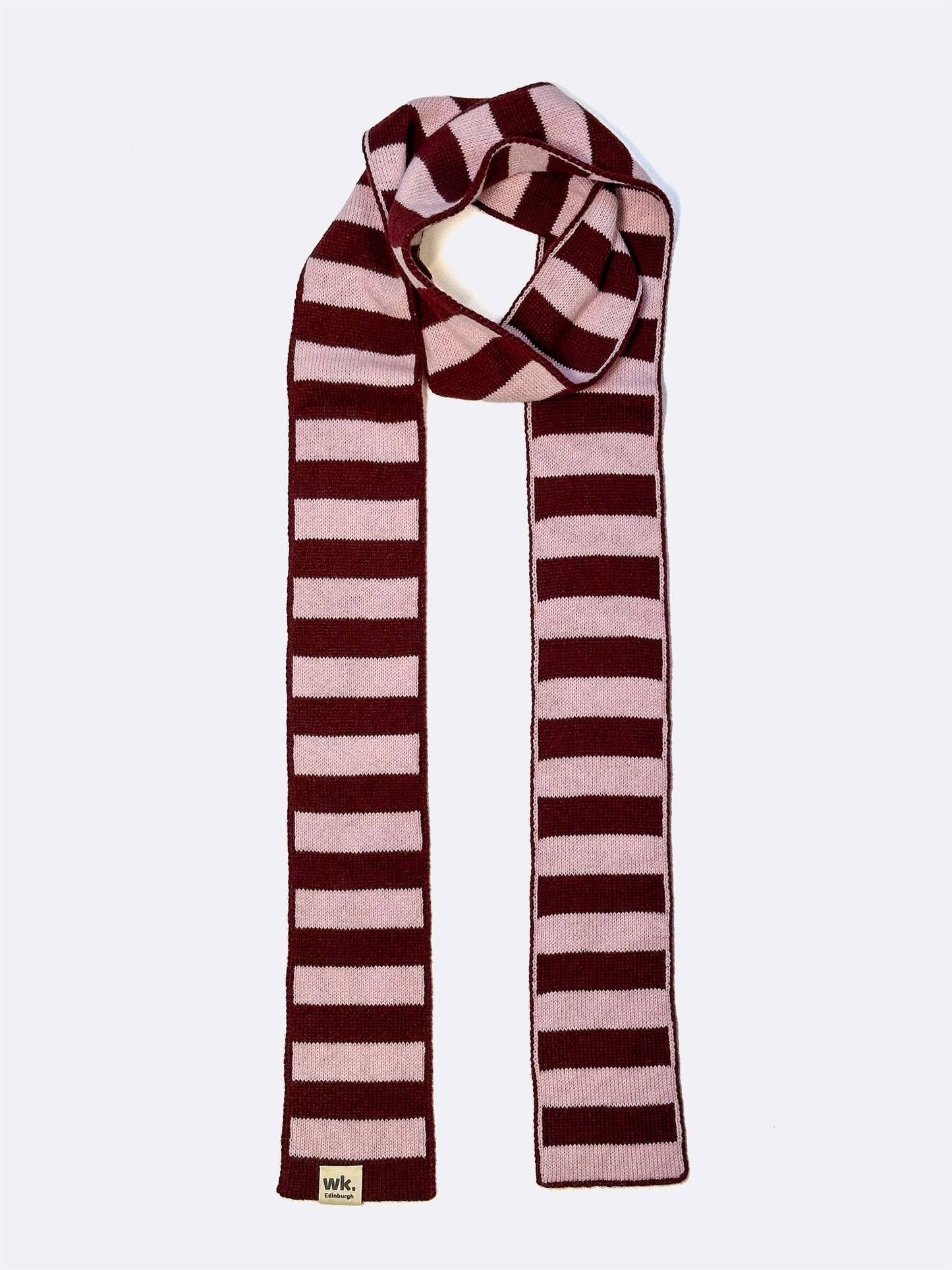 knitted skinny merino wool scarf in burgundy and pink - woolkind