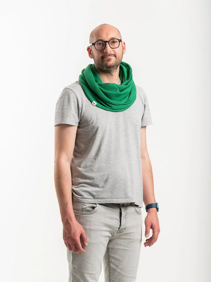 man wearing green merino wool infinity scarf - Woolkind