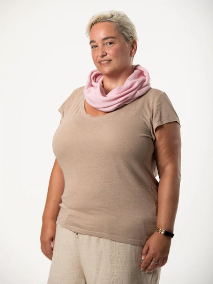 woman wearing pink merino wool infinity scarf - Woolkind