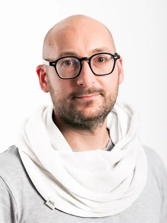 man wearing white merino wool infinity scarf - Woolkind