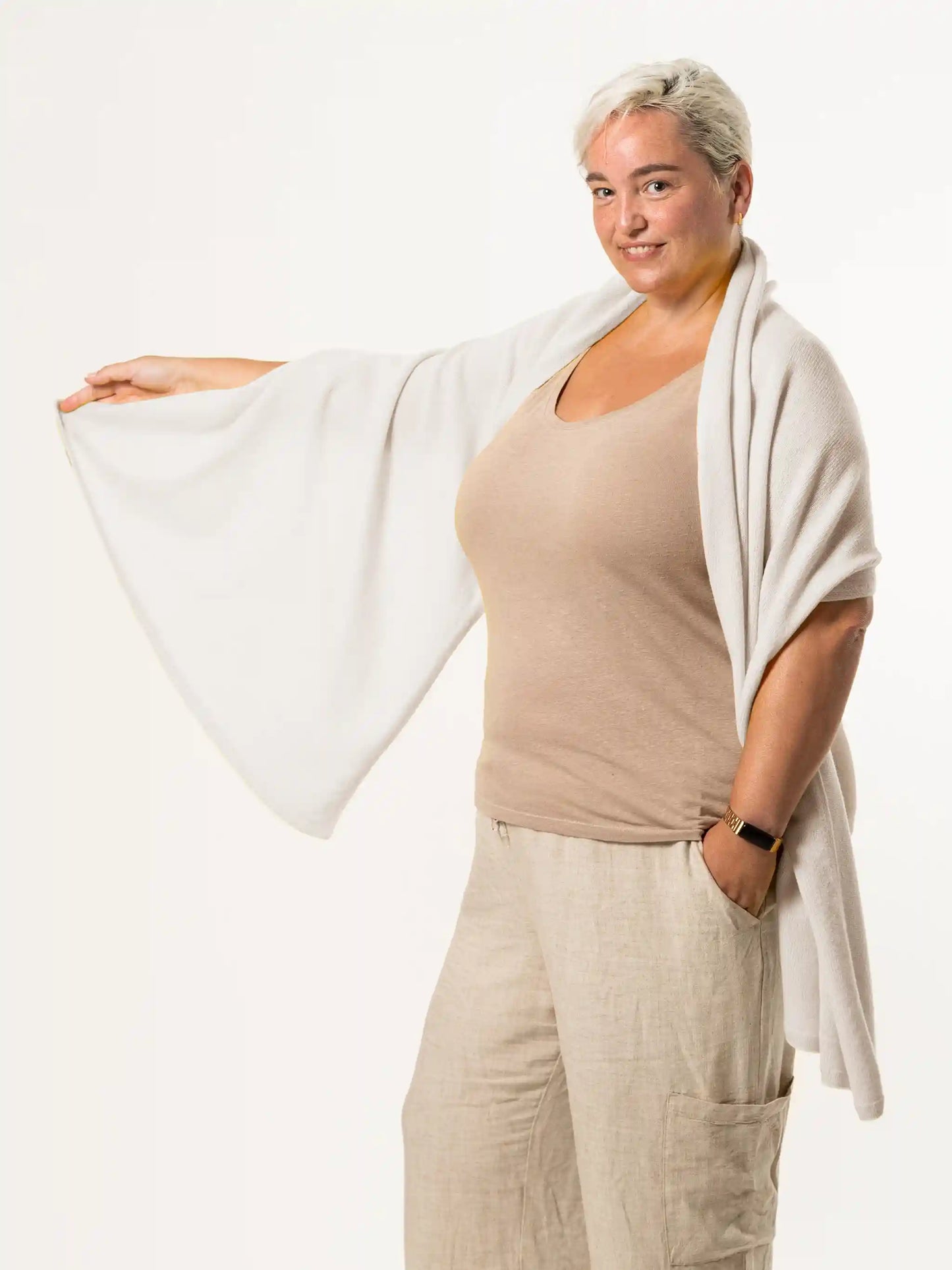 woman wearing white merino wool wrap - woolkind