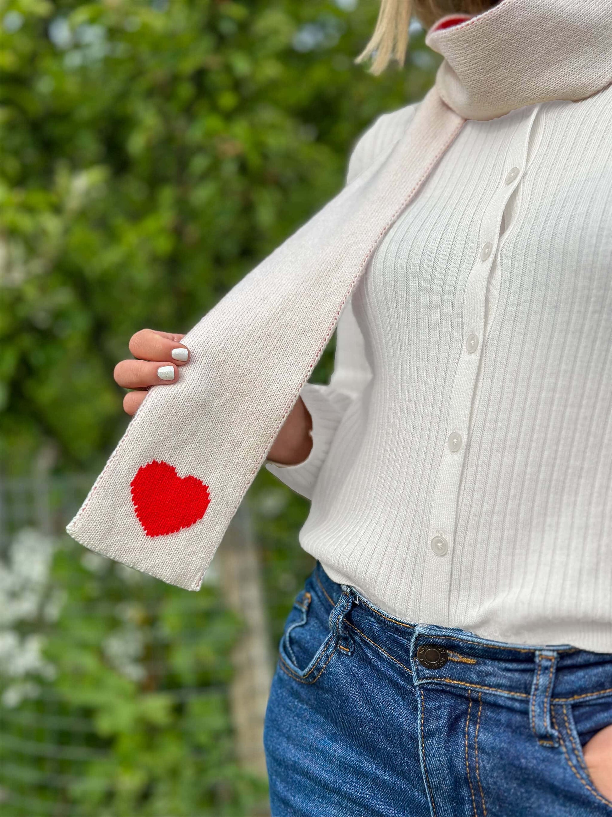 woman wearing thin merino wool red love heart scarf - Woolkind