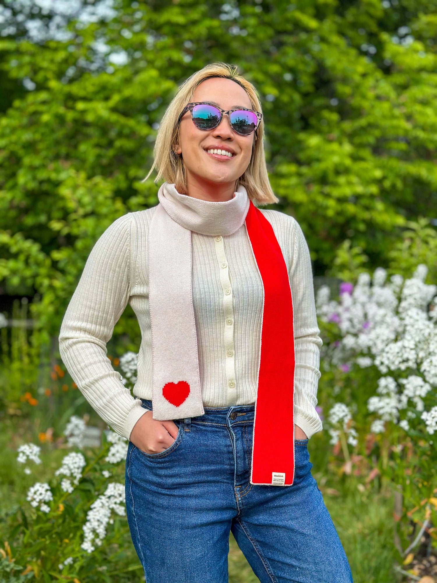 woman wearing thin merino wool red love heart scarf - Woolkind