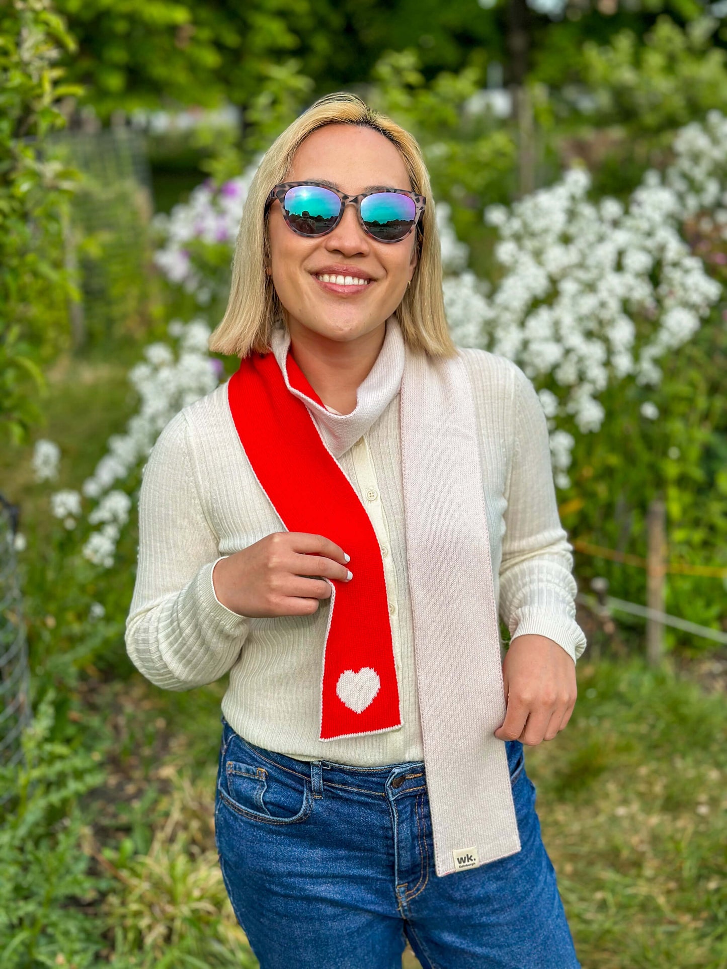 woman wearing thin merino wool red love heart scarf - Woolkind